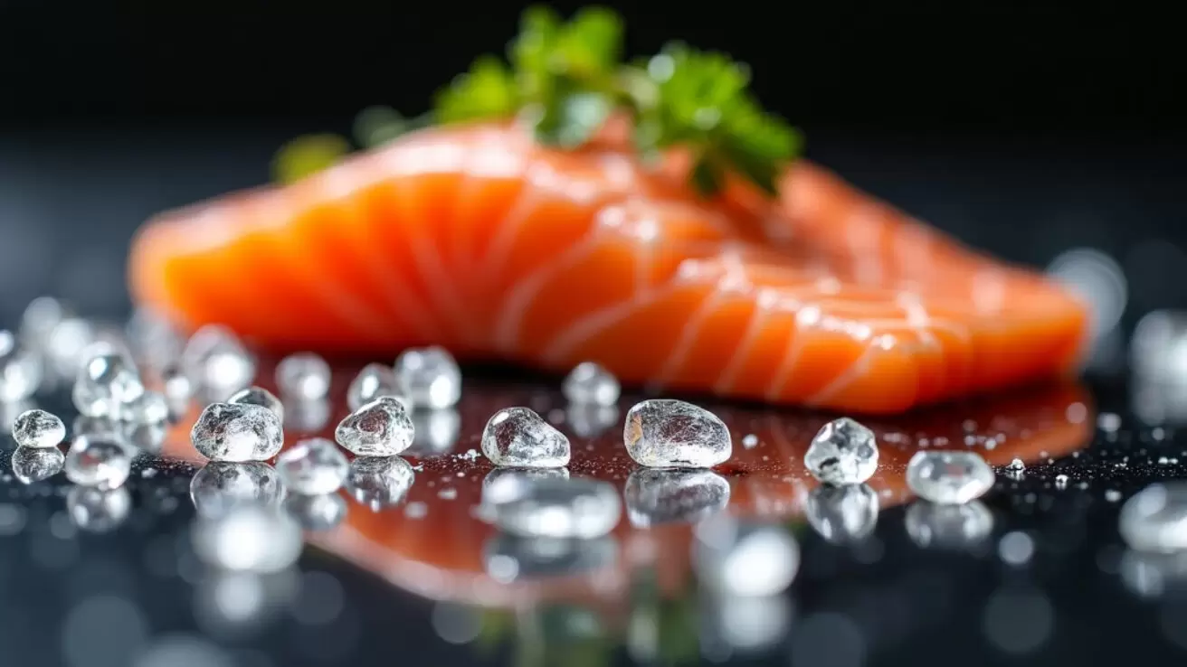 A high-end macro shot of raw amino acids crystals on a black marble surface with salmon in the background