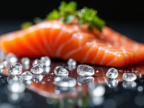 A high-end macro shot of raw amino acids crystals on a black marble surface with salmon in the background