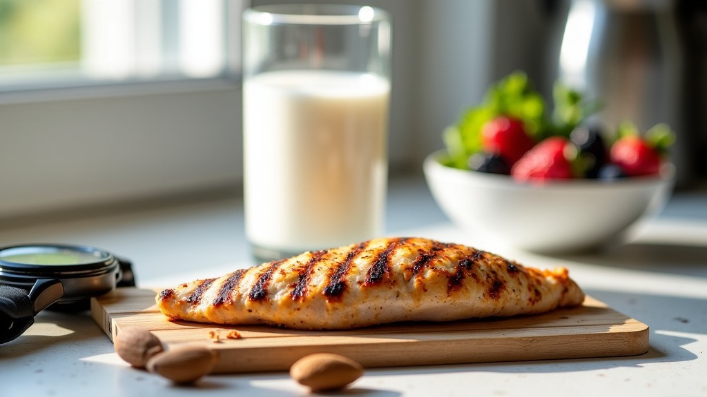 Close-up of a modern kitchen counter with protein-rich foods including grilled chicken, milk, Greek yogurt with berries, and almonds.