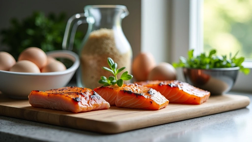 A modern minimalist kitchen counter showcasing healthy protein-rich ingredients like grilled chicken, quinoa, fresh eggs, and salmon.