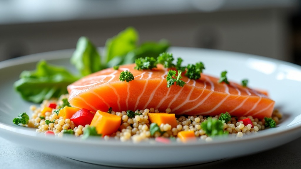 Close-up shot of raw salmon fillet on a white plate with fresh vegetables and quinoa.