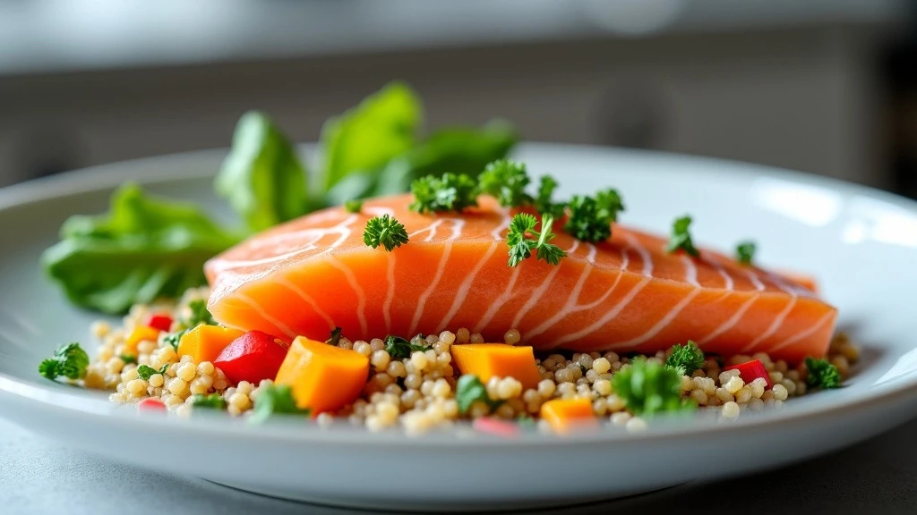 Close-up shot of raw salmon fillet on a white plate with fresh vegetables and quinoa.