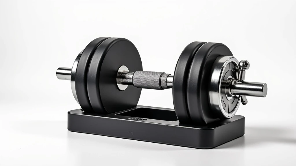 A sleek adjustable dumbbell set in a compact storage rack against a white background.