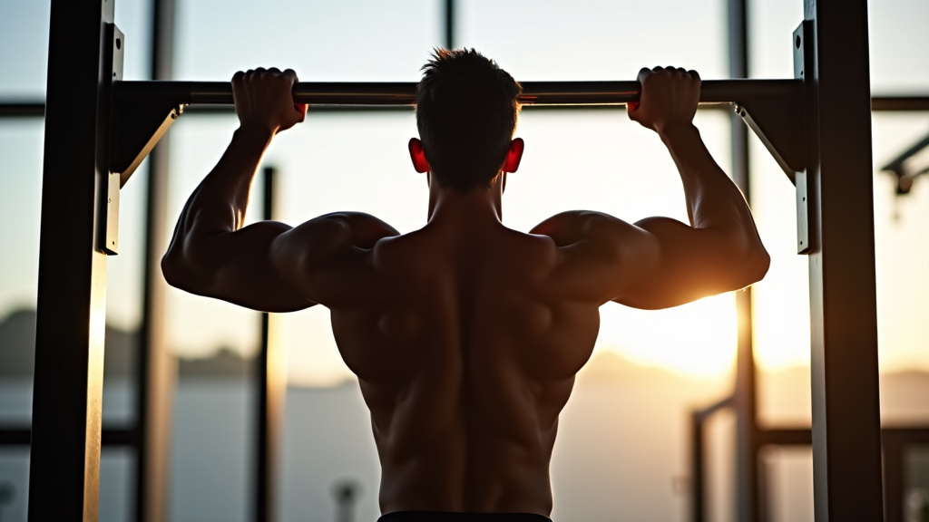 A silhouetted athletic figure performing a pull-up on a modern bar in a gym