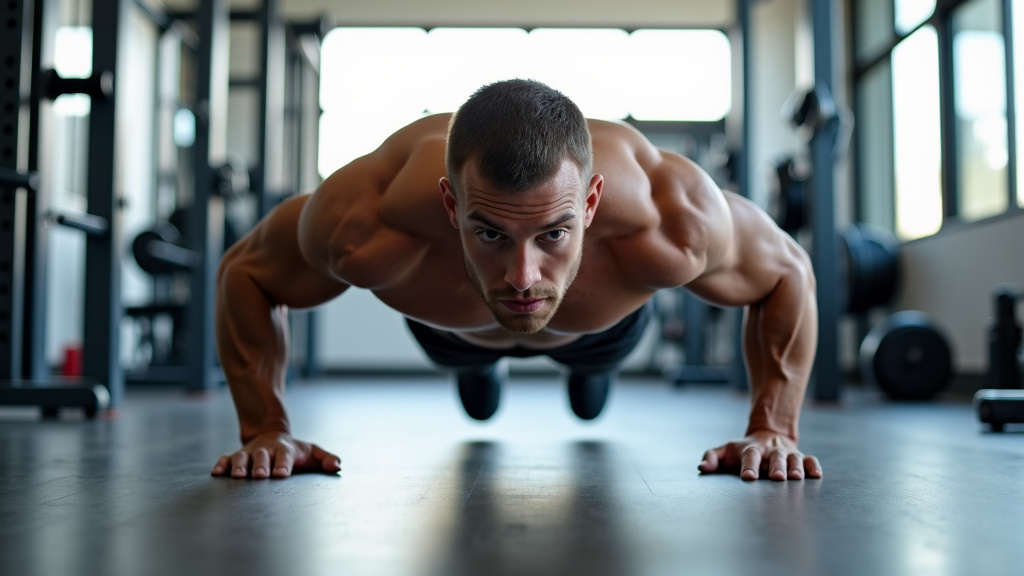 A close-up of an athletic male performing a scapular push-up on a gym floor, showcasing perfect form.