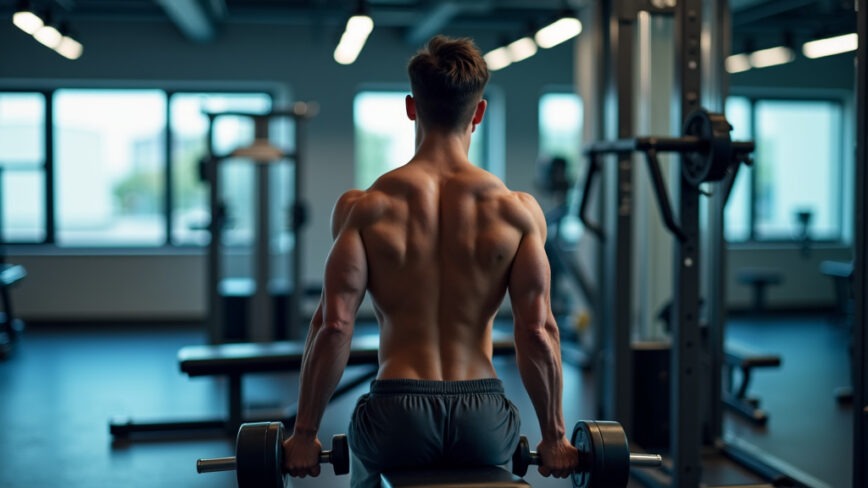 Athletic person performing a single-arm dumbbell row in a modern gym setting.