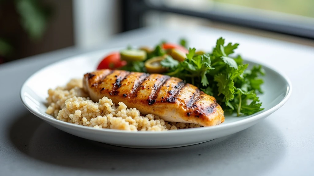 Photorealistic studio shot of a balanced meal rich in protein featuring grilled chicken breast, quinoa, and steamed vegetables on a white plate.