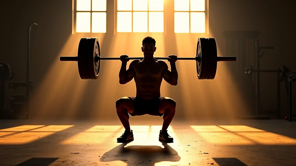 A silhouetted figure performing a perfect barbell squat in a sunlit industrial gym during golden hour.