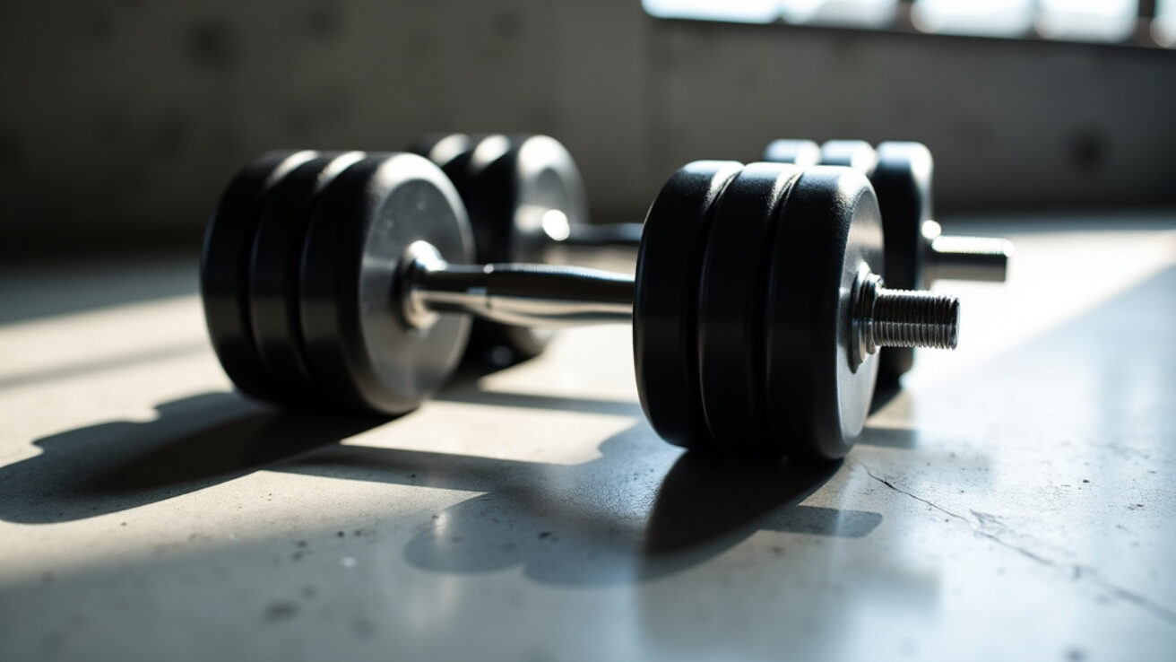 Close-up of matte black dumbbells on a minimalist concrete surface with natural lighting.