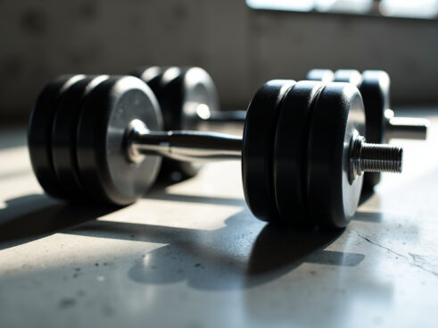 Close-up of matte black dumbbells on a minimalist concrete surface with natural lighting.