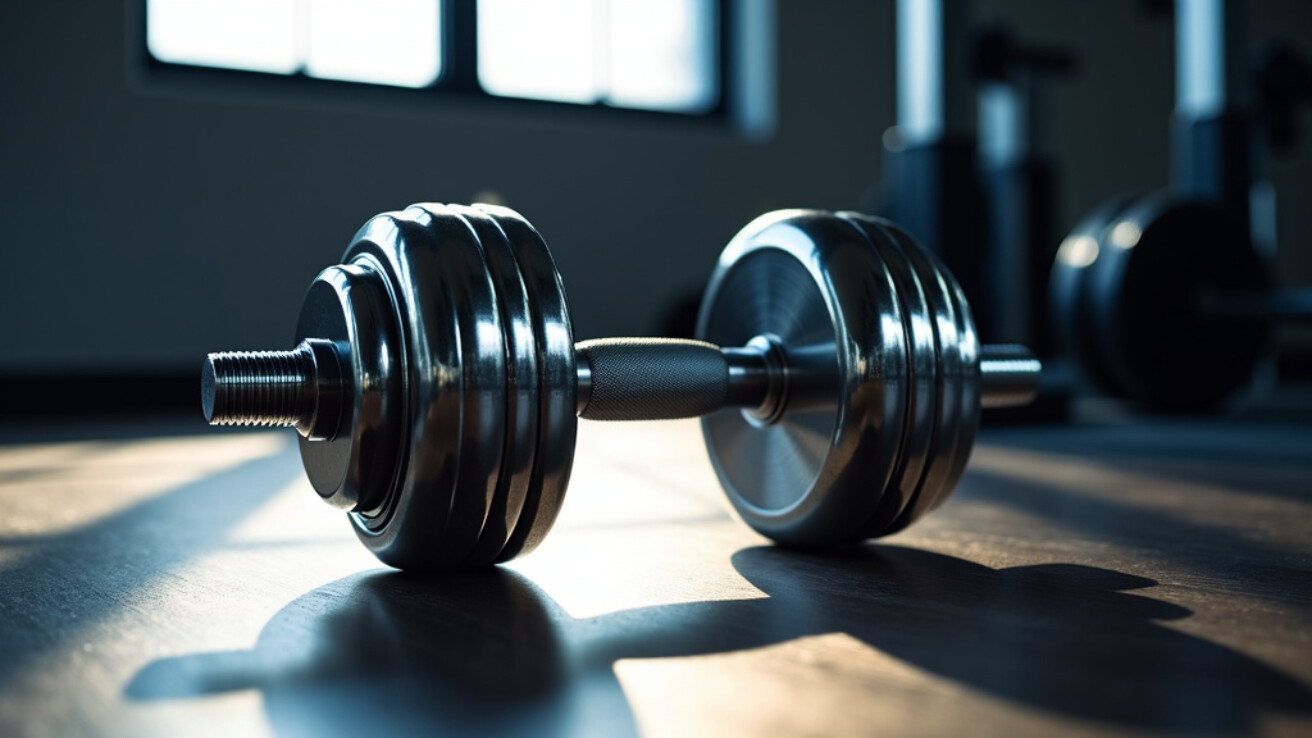 A pristine chrome dumbbell resting on dark wooden flooring with soft natural light creating elegant shadows.