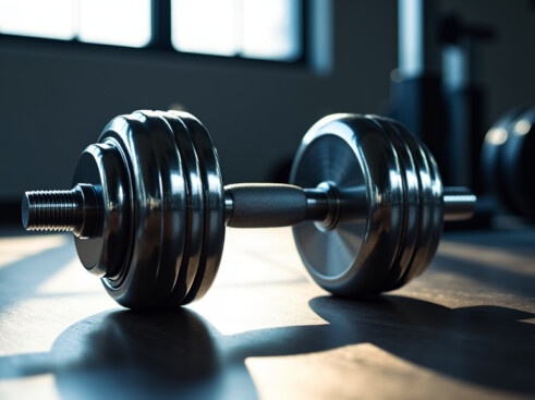 A pristine chrome dumbbell resting on dark wooden flooring with soft natural light creating elegant shadows.