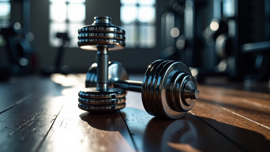 A dramatic photo of chrome dumbbells on a dark wooden floor with dramatic side lighting and shadows.