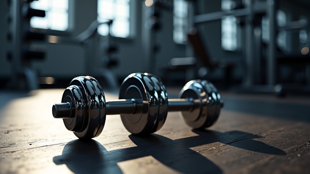 A professional photo of chrome dumbbells on a dark wooden floor with dramatic lighting and shadows.