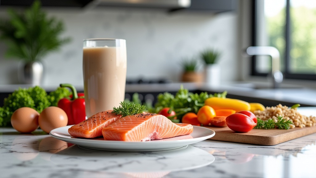 A variety of fresh, healthy foods including grilled chicken, salmon, eggs, and vegetables arranged on a white marble countertop.