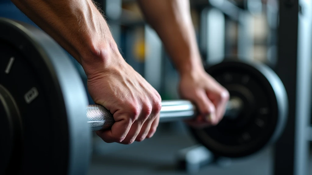 Hands gripping a steel barbell with black weights in a gym setting.