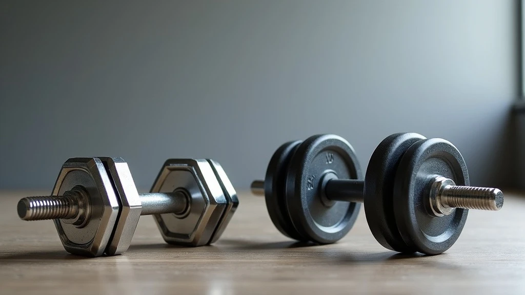 A photorealistic image of a traditional chrome and rubber fixed-weight dumbbell beside a sleek adjustable dumbbell on a minimalist surface.