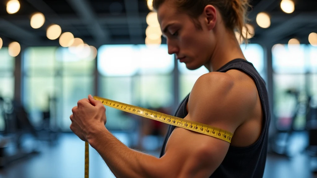 A professional fitness enthusiast measuring bicep circumference in a modern gym setting.