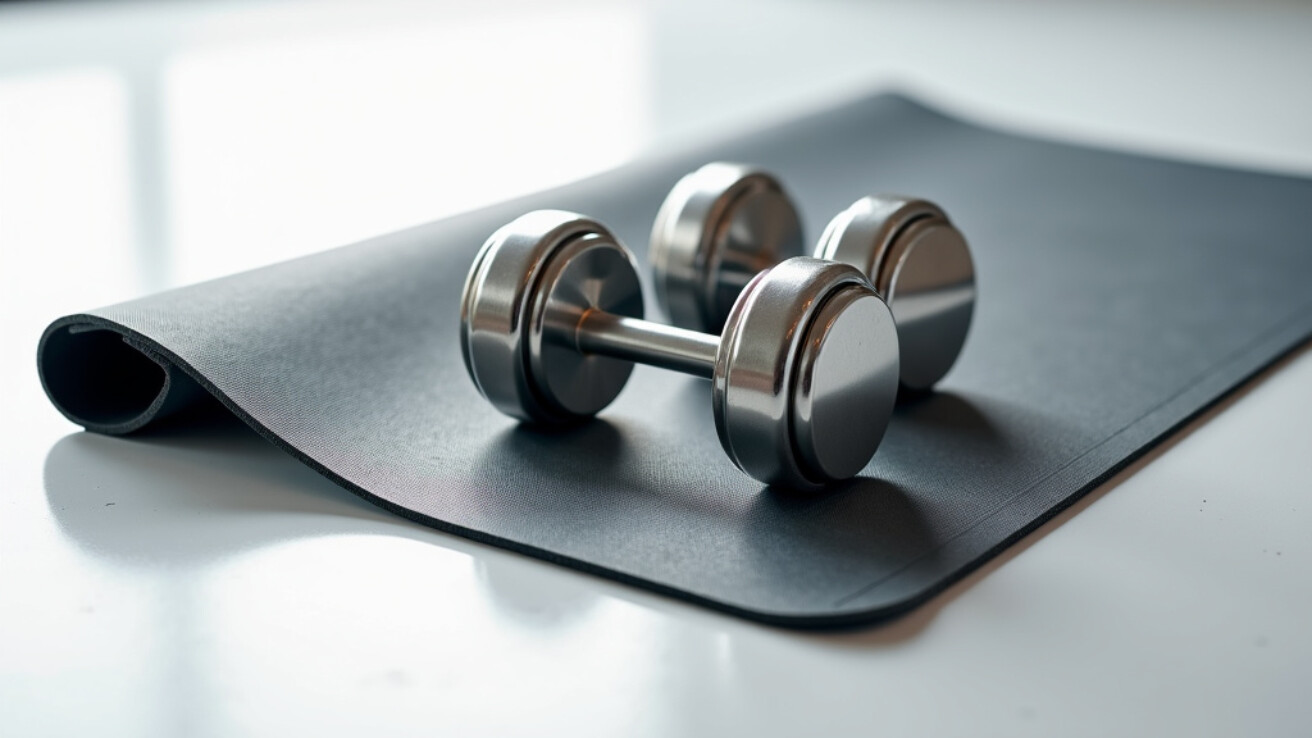 A pair of sleek steel dumbbells on a gray yoga mat in soft natural lighting.