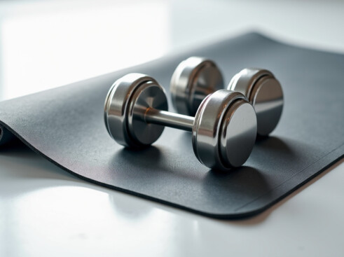 A pair of sleek steel dumbbells on a gray yoga mat in soft natural lighting.