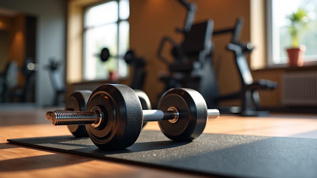 A pair of heavy steel dumbbells resting on a rubber floor mat in a fitness studio with natural lighting.