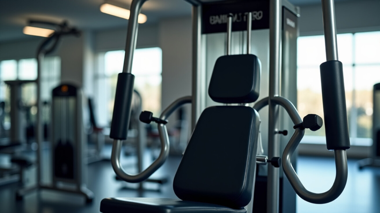 Professional high-quality photograph of a modern Hammer Strength chest press machine in a clean gym environment.