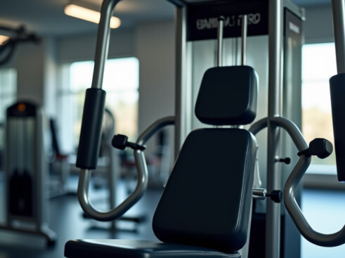 Professional high-quality photograph of a modern Hammer Strength chest press machine in a clean gym environment.