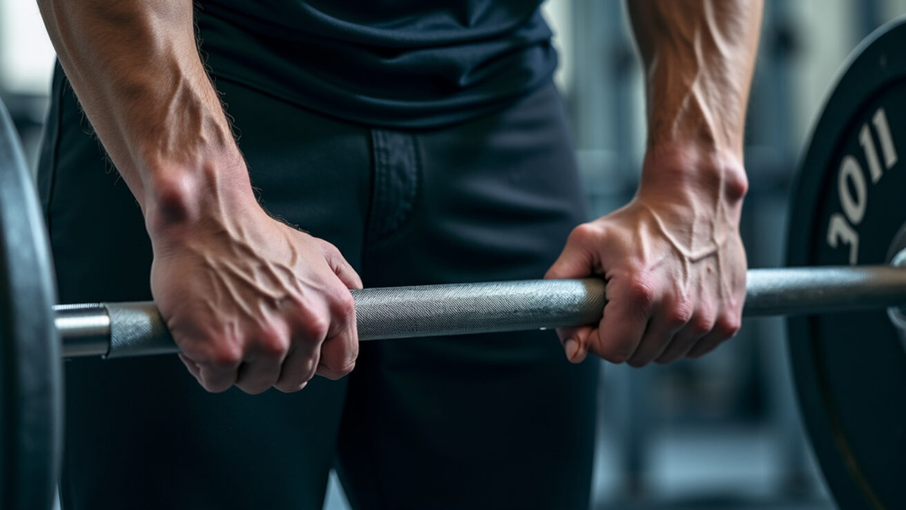 Muscular hands gripping a knurled Olympic barbell in dramatic lighting