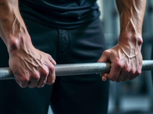 Muscular hands gripping a knurled Olympic barbell in dramatic lighting