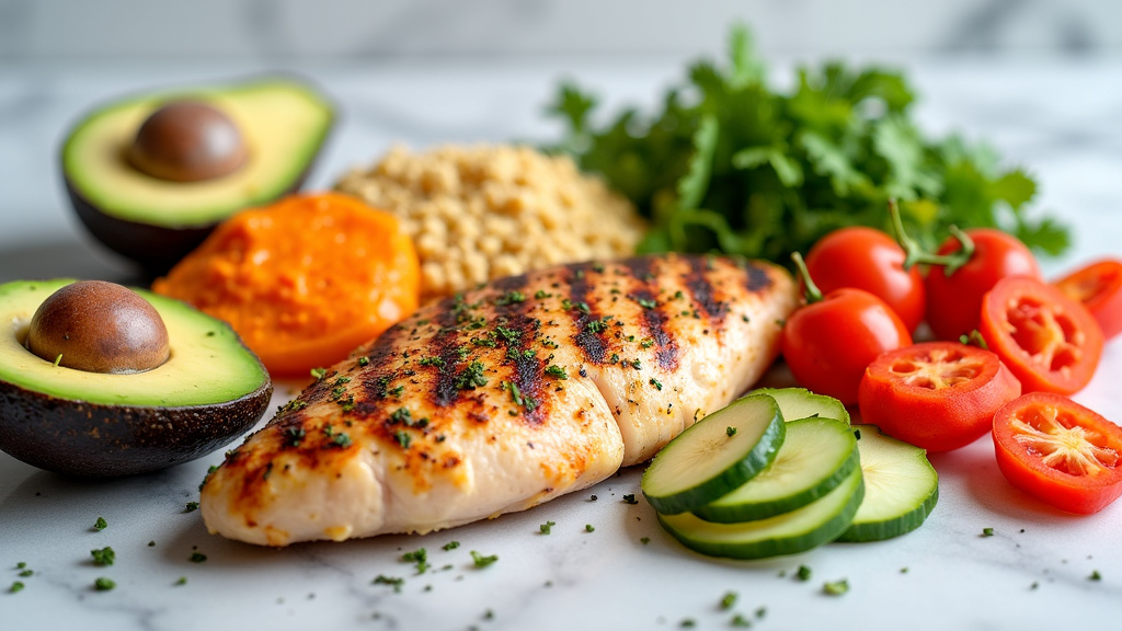 Professional photo of vibrant, healthy meal prep ingredients on a white marble countertop, featuring grilled chicken, quinoa, sweet potatoes, avocados, and colorful vegetables.