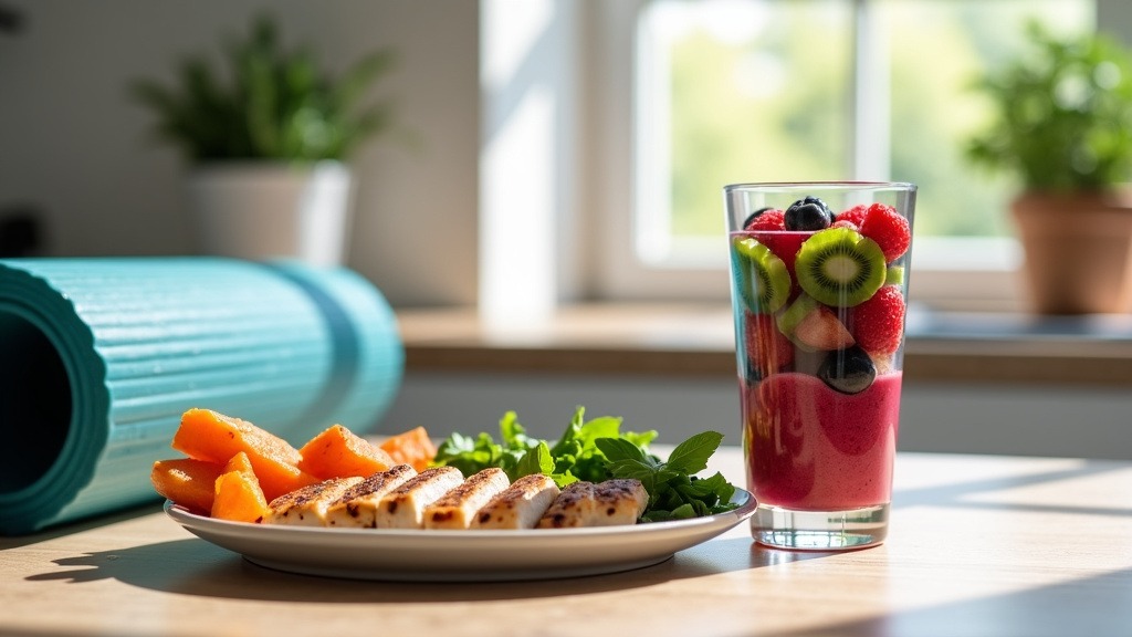 A fresh protein smoothie alongside grilled chicken and vegetables on a kitchen counter.