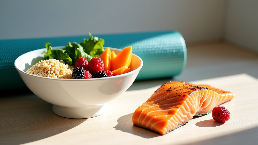 A photorealistic still life of recovery foods including sweet potatoes, quinoa, leafy greens, fresh berries, and grilled salmon, complemented by a foam roller and yoga mat on a wooden surface.