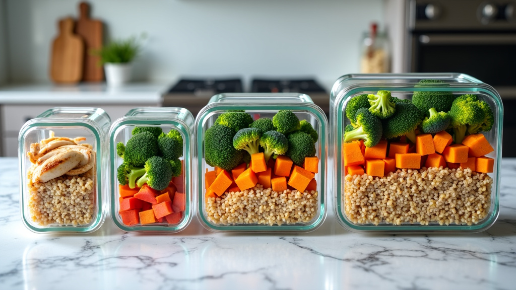 High-end kitchen countertop with organized meal prep containers featuring healthy ingredients.