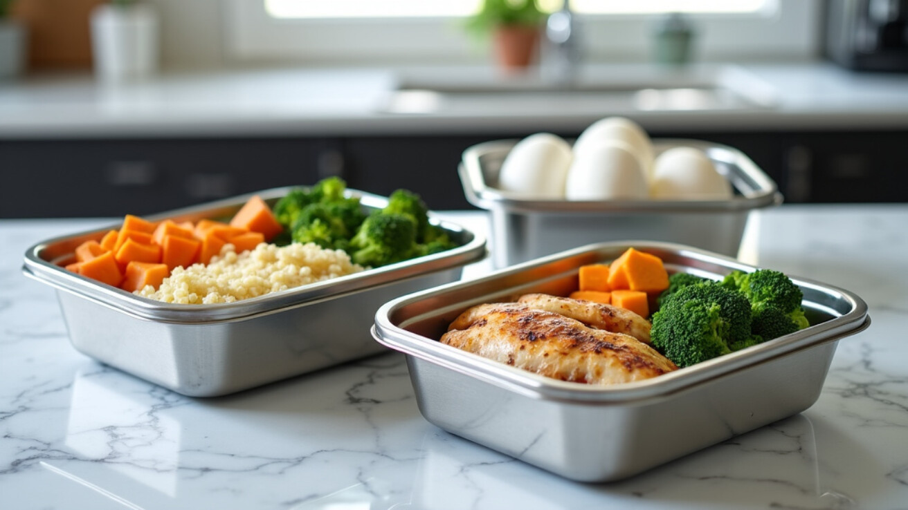 Professional food photography shot of meal prep containers with grilled chicken, quinoa, and vegetables on a marble countertop