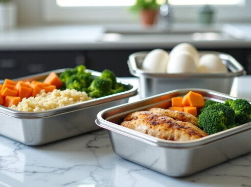 Professional food photography shot of meal prep containers with grilled chicken, quinoa, and vegetables on a marble countertop