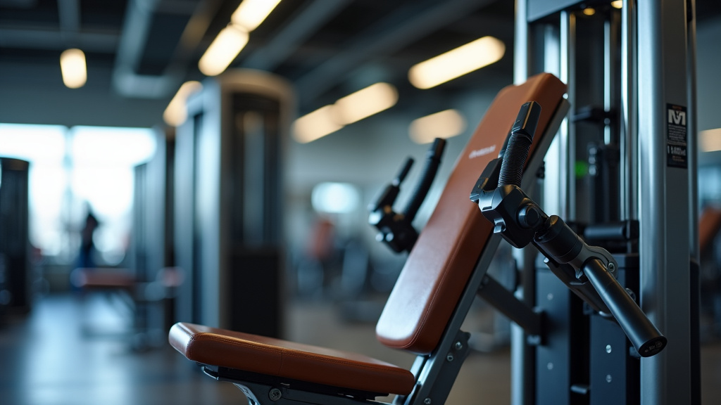 A modern Hammer Strength chest press machine in a professional gym setting, highlighting its ergonomic design and clean metallic surfaces.