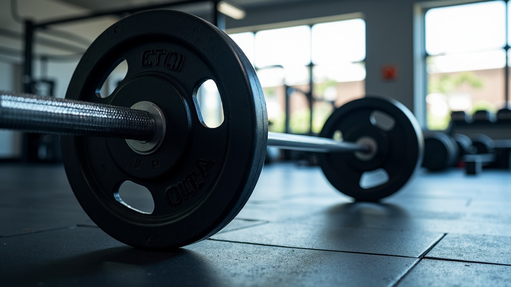 A well-lit gym featuring a barbell on a rubber floor and a weight bench in the background.