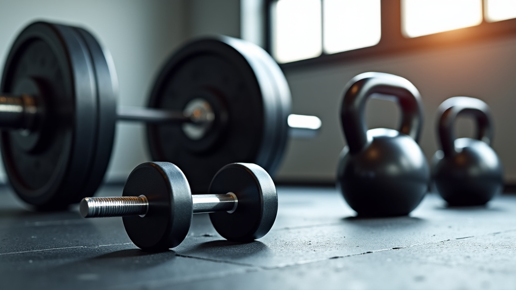 A professional gym setting with various free weights on a rubber floor, including black dumbbells, a barbell, and a kettlebell, highlighting their metallic surfaces with natural lighting.