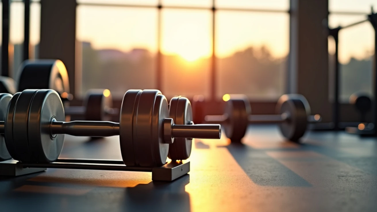 Professional photograph of a sleek, modern gym setting with sunlight streaming through large windows and graduated dumbbells on a metal rack.