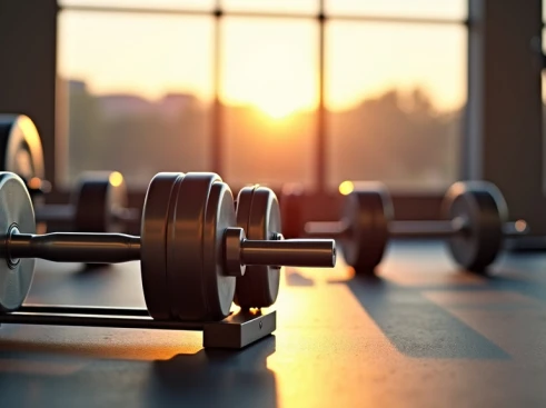 Professional photograph of a sleek, modern gym setting with sunlight streaming through large windows and graduated dumbbells on a metal rack.