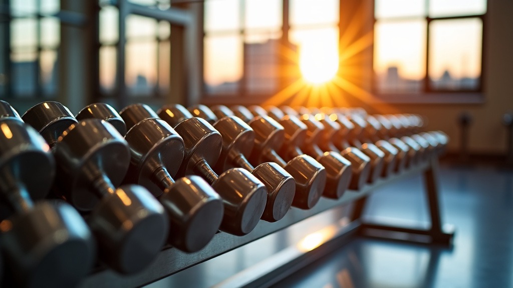 A well-lit, modern gym setting featuring a row of chrome dumbbells on a sleek metal rack illuminated by soft natural light.