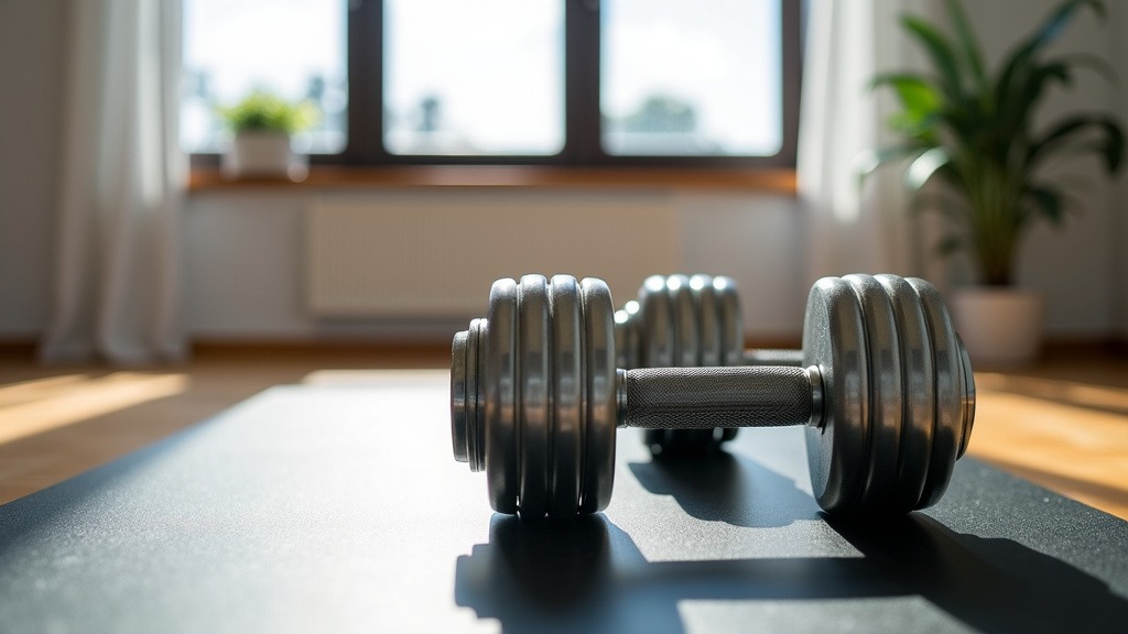 A pair of steel dumbbells on a rubber mat in a modern home gym setting with natural light streaming through windows.