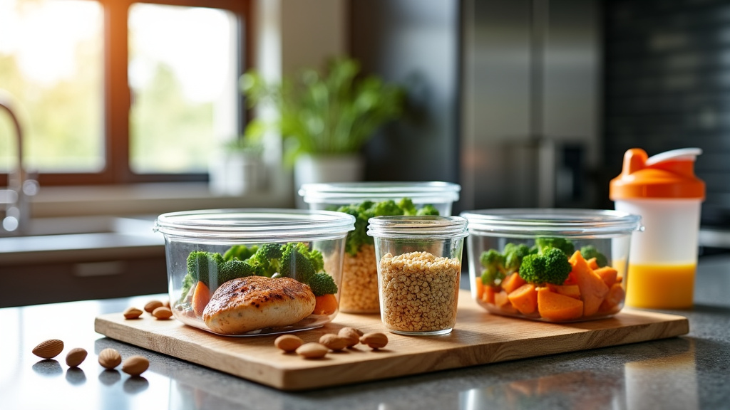 A modern kitchen counter with healthy meal prep containers showcasing grilled chicken, broccoli, quinoa, and sweet potatoes in natural light.