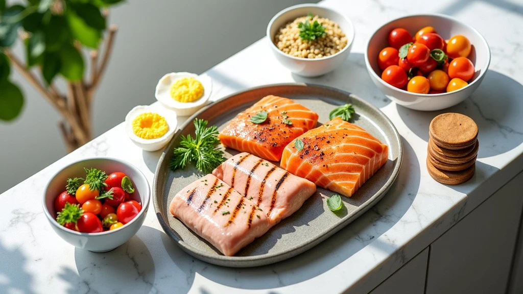 Overhead shot of a modern white marble countertop with a vibrant array of protein-rich foods.