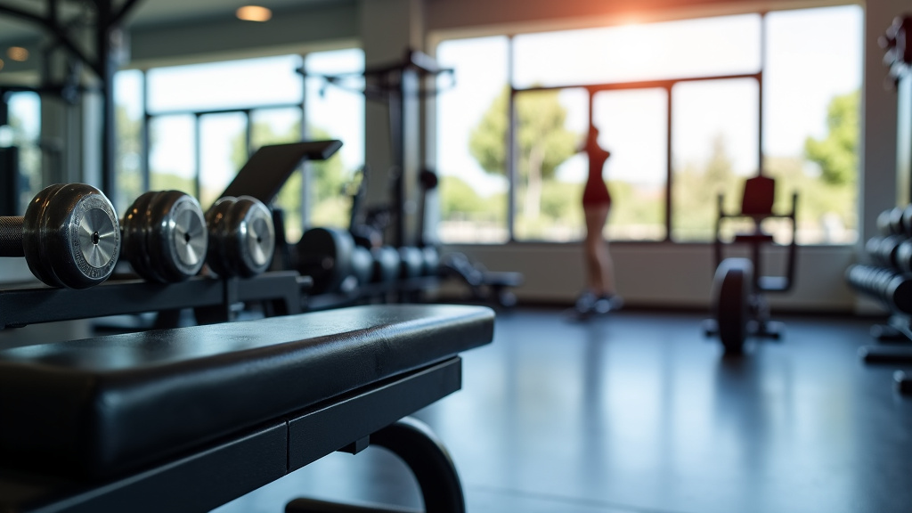 A professional photograph of a modern gym with weight training equipment and natural lighting