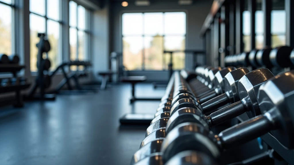 A clean, well-lit modern gym with arranged dumbbells and weight training equipment