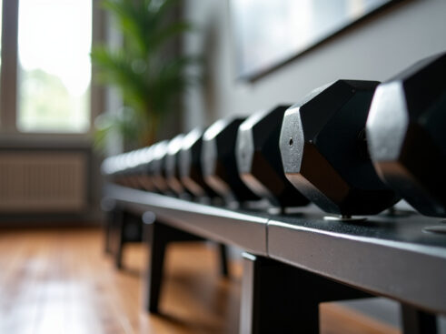 A sleek, modern home gym corner with graduated steel dumbbells on a minimalist rack and natural light.