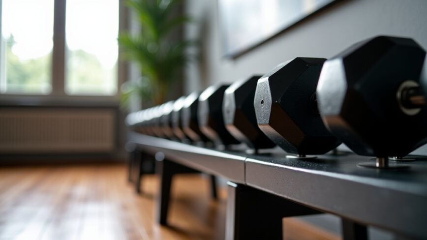 A sleek, modern home gym corner with graduated steel dumbbells on a minimalist rack and natural light.