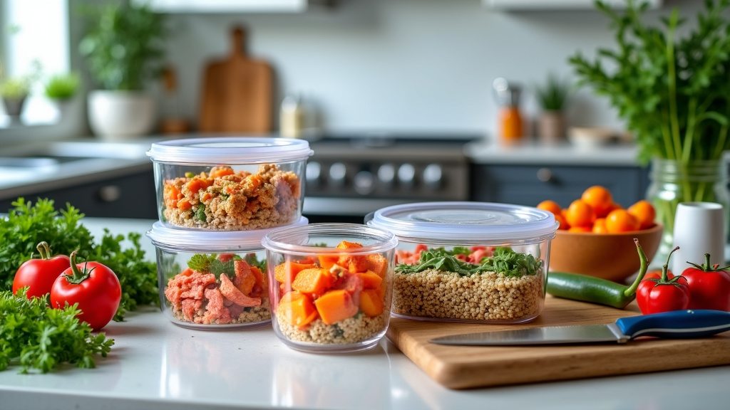 A bright kitchen counter with organized meal prep setup featuring glass containers filled with healthy ingredients.