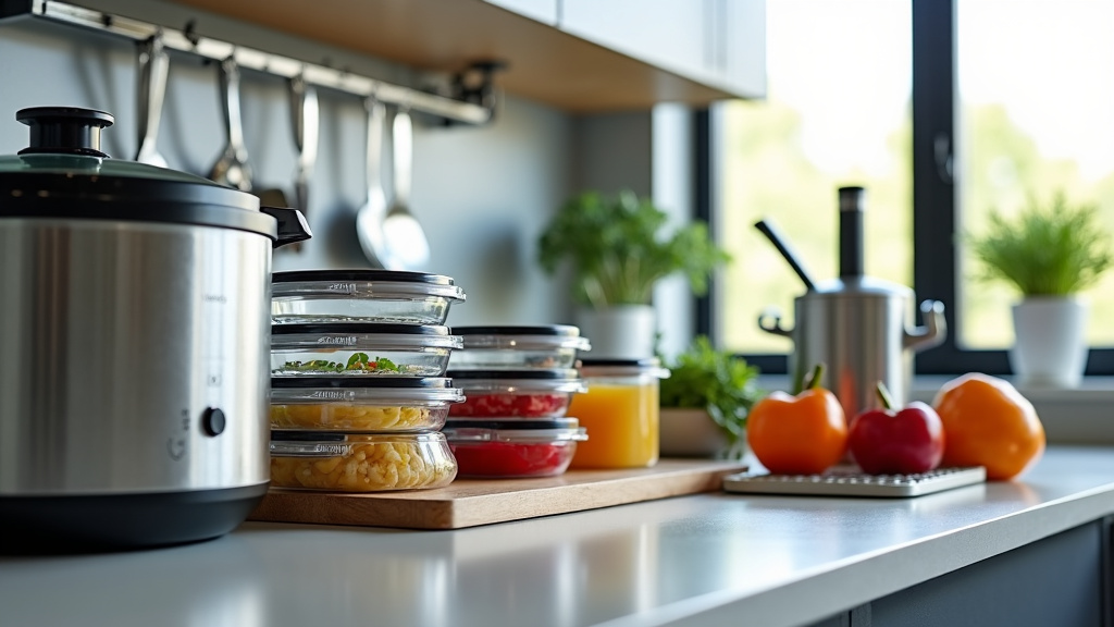 A pristine modern kitchen counter with meal prep essentials including glass containers, digital kitchen scale, slow cooker, and food processor, bathed in natural light.